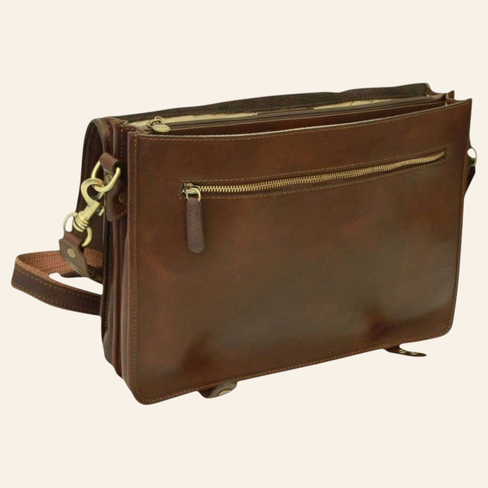 Borsa messenger Vetrina Fiorentina in pelle di vitello marrone conciata al vegetale con tasca frontale e zip