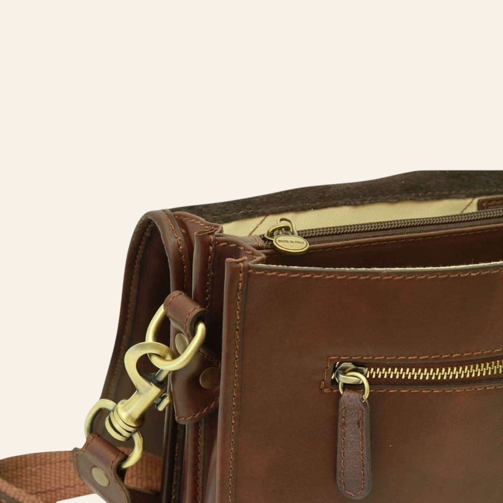 Borsa messenger Vetrina Fiorentina in pelle di vitello marrone con dettagli in ottone e tasche con zip
