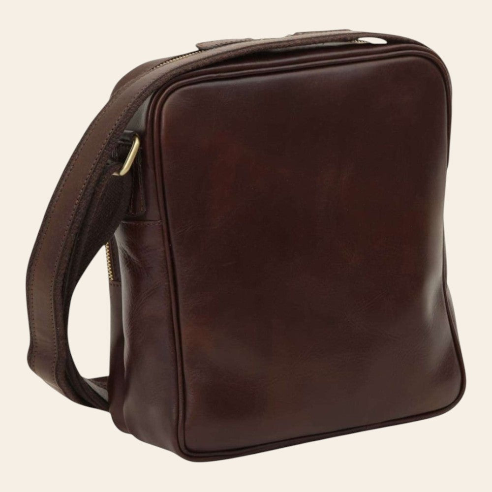 Borsa messenger Vetrina Fiorentina piccola in pelle di vitello marrone scuro con tracolla regolabile e chiusura zip