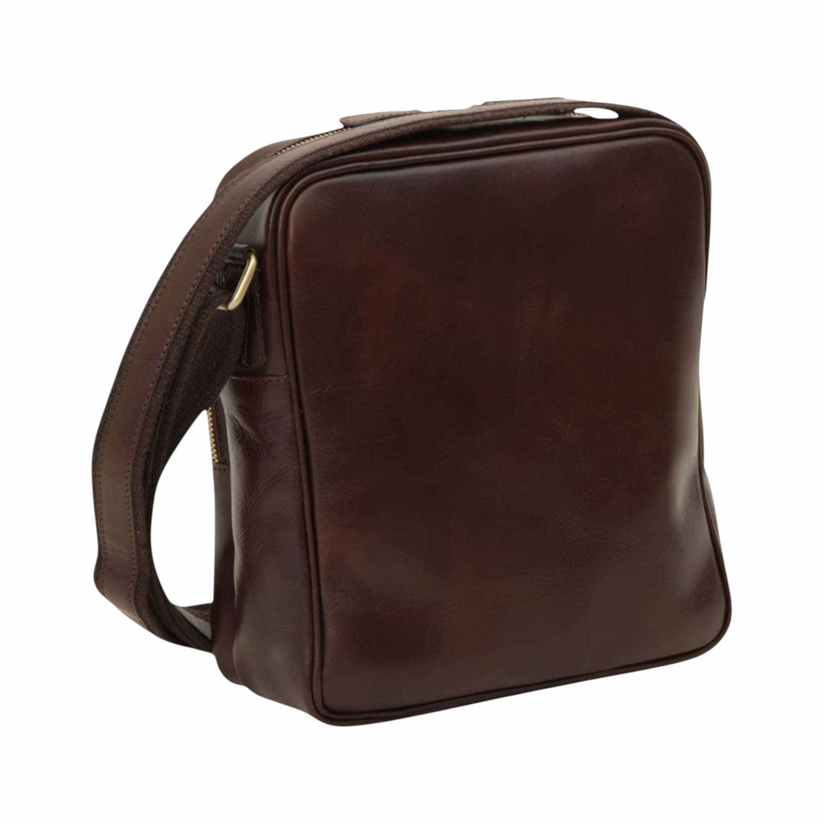 Borsa messenger in pelle marrone scuro, vista posteriore con tracolla regolabile