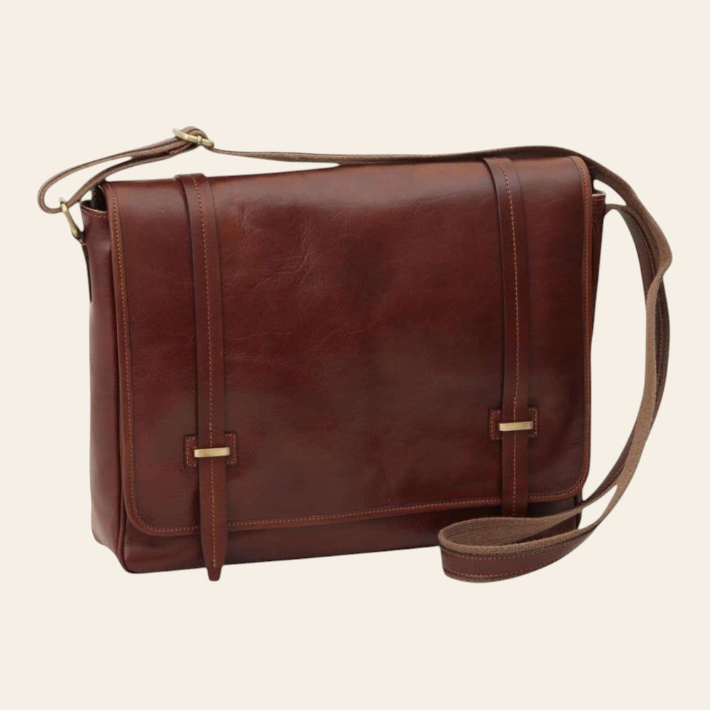 Borsa messenger Vetrina Fiorentina in pelle di vitello marrone con tracolla regolabile e chiusura a calamita
