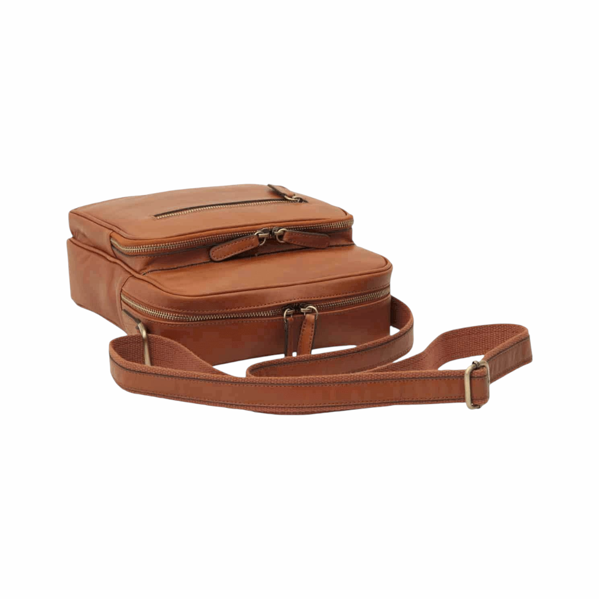 Borsa messenger Vetrina Fiorentina piccola in pelle di vitello marrone coloniale con tasca frontale e tracolla