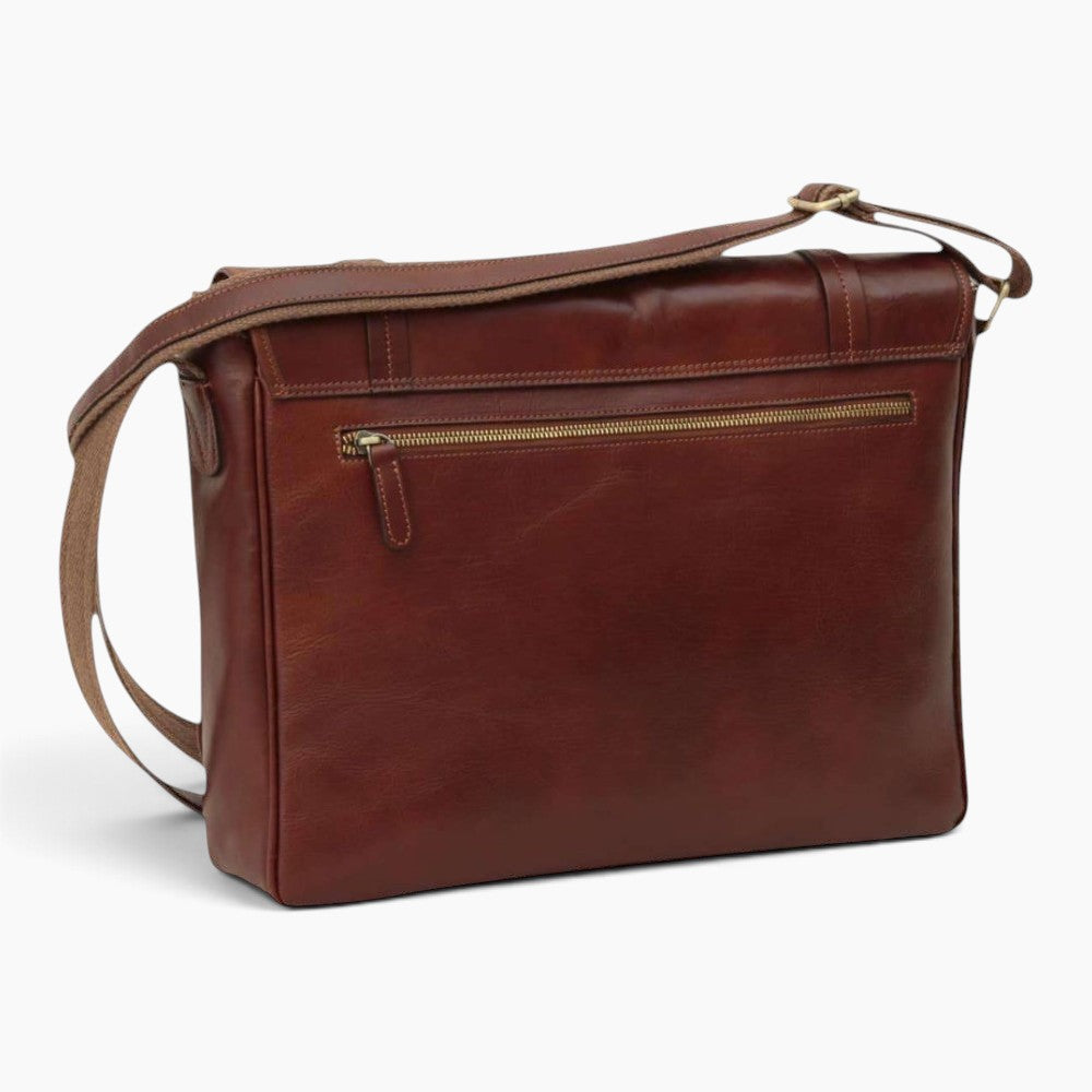 Borsa messenger Vetrina Fiorentina in pelle di vitello marrone con tasca posteriore con zip e tracolla regolabile