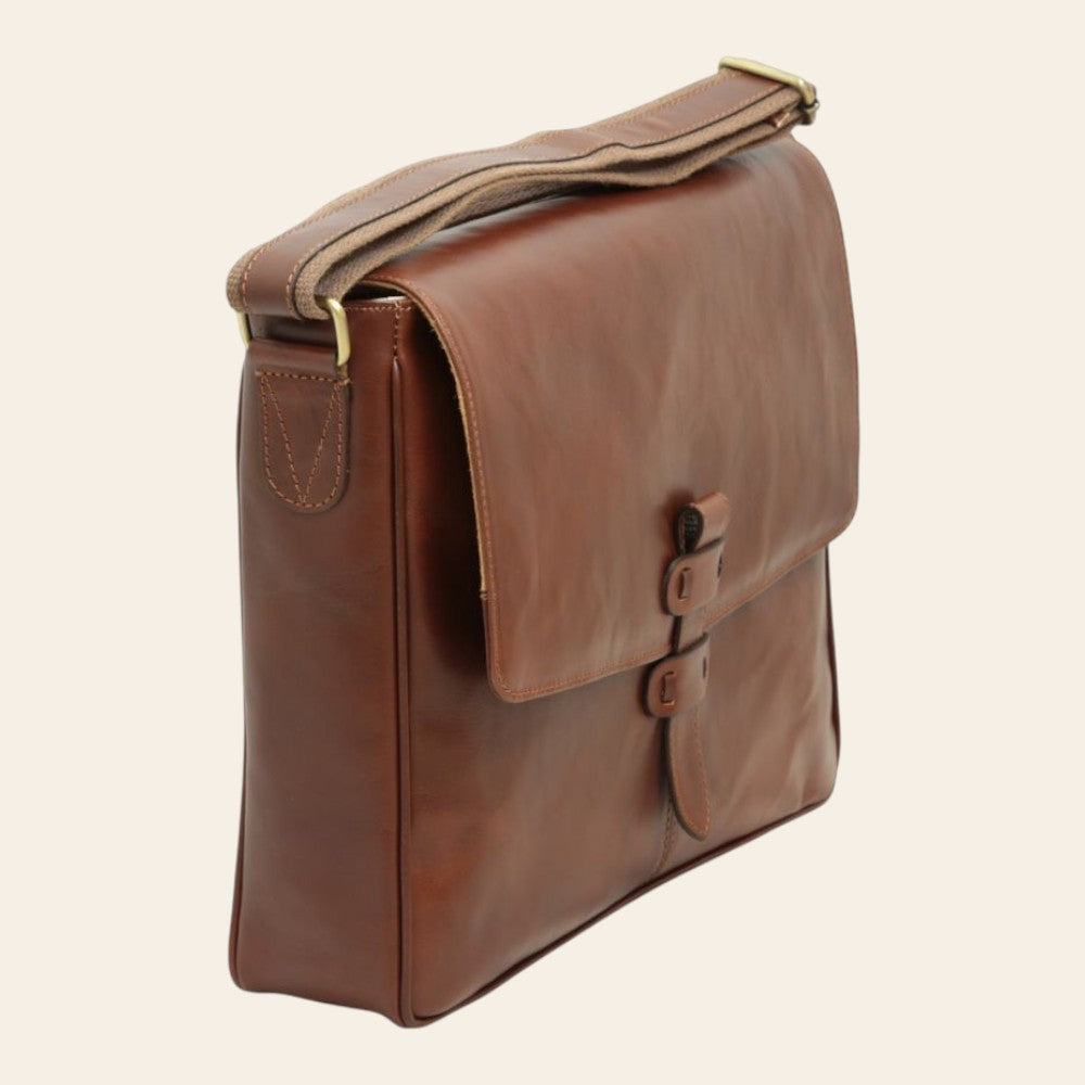 Borsa messenger Vetrina Fiorentina in pelle di vitello marrone con tracolla regolabile e chiusura a fibbia