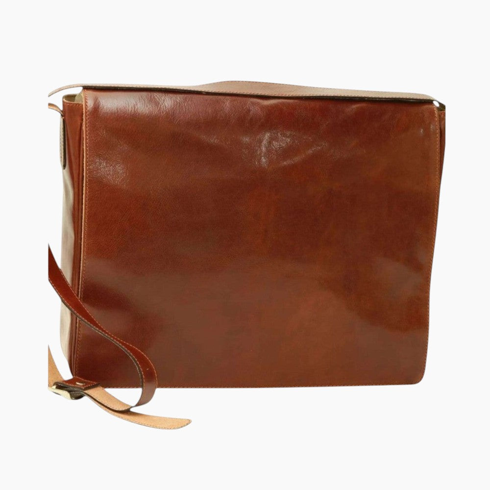 Borsa messenger Vetrina Fiorentina in pelle di vitello pieno fiore marrone con tracolla regolabile e chiusura a patta