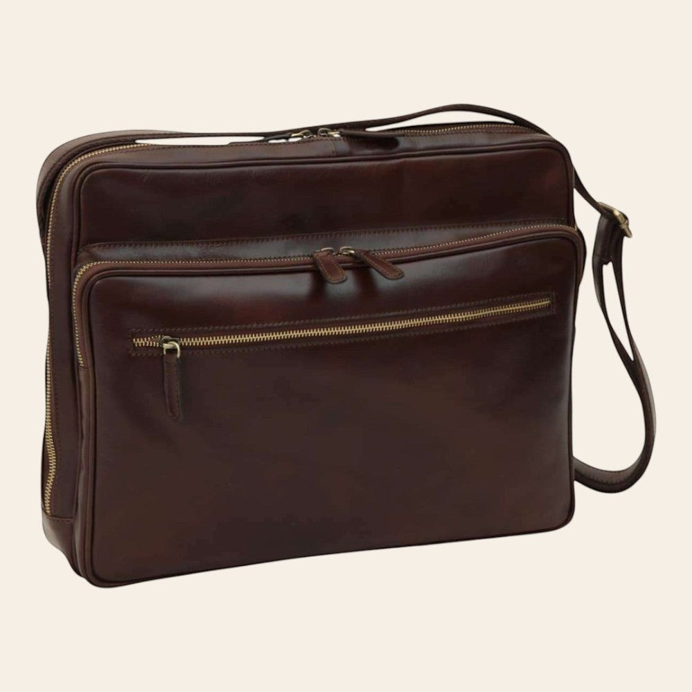 Borsa messenger Vetrina Fiorentina grande in pelle di vitello marrone scuro con chiusure a zip e tracolla regolabile