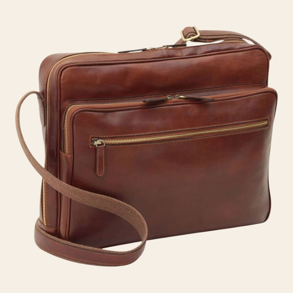 Borsa messenger grande Vetrina Fiorentina in pelle di vitello marrone con tracolla e tasche con zip