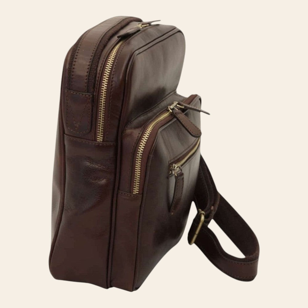 Borsa messenger Vetrina Fiorentina piccola in pelle di vitello marrone scuro con chiusure a zip e tracolla regolabile