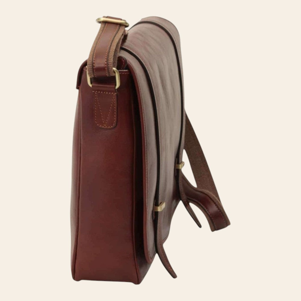 Borsa messenger Vetrina Fiorentina in pelle di vitello marrone con tracolla regolabile, vista laterale