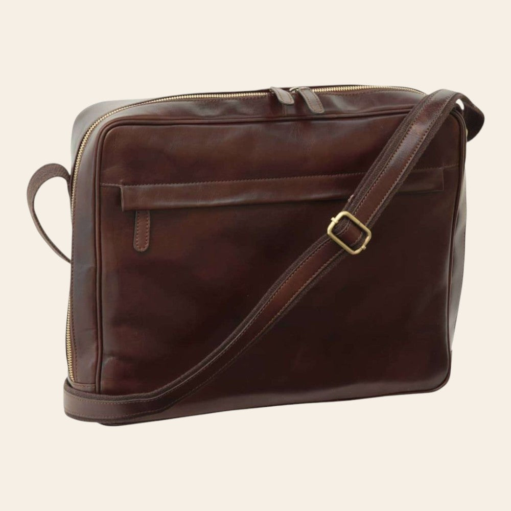 Borsa messenger Vetrina Fiorentina in pelle di vitello pieno fiore marrone scuro con tracolla regolabile e zip