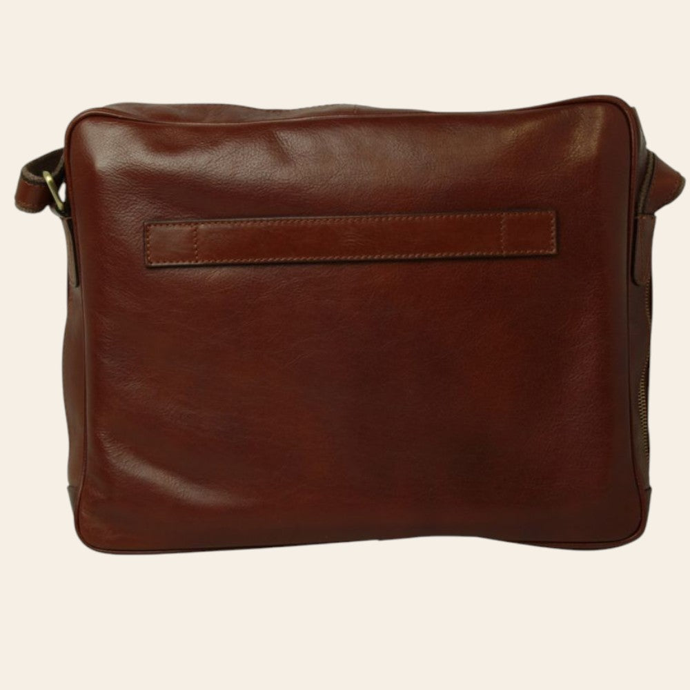 Borsa messenger grande Vetrina Fiorentina in pelle di vitello marrone con fascia per trolley e tracolla regolabile