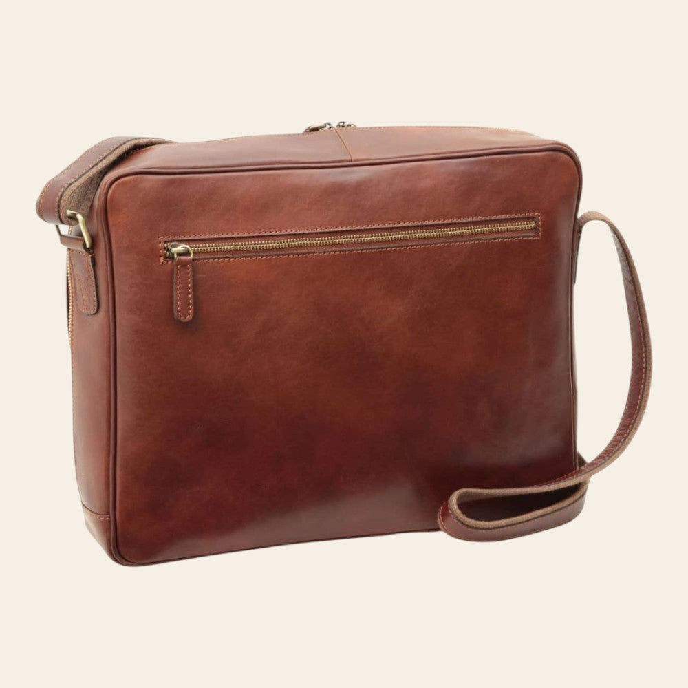 Borsa messenger Vetrina Fiorentina in pelle di vitello pieno fiore marrone con tasca esterna e tracolla regolabile