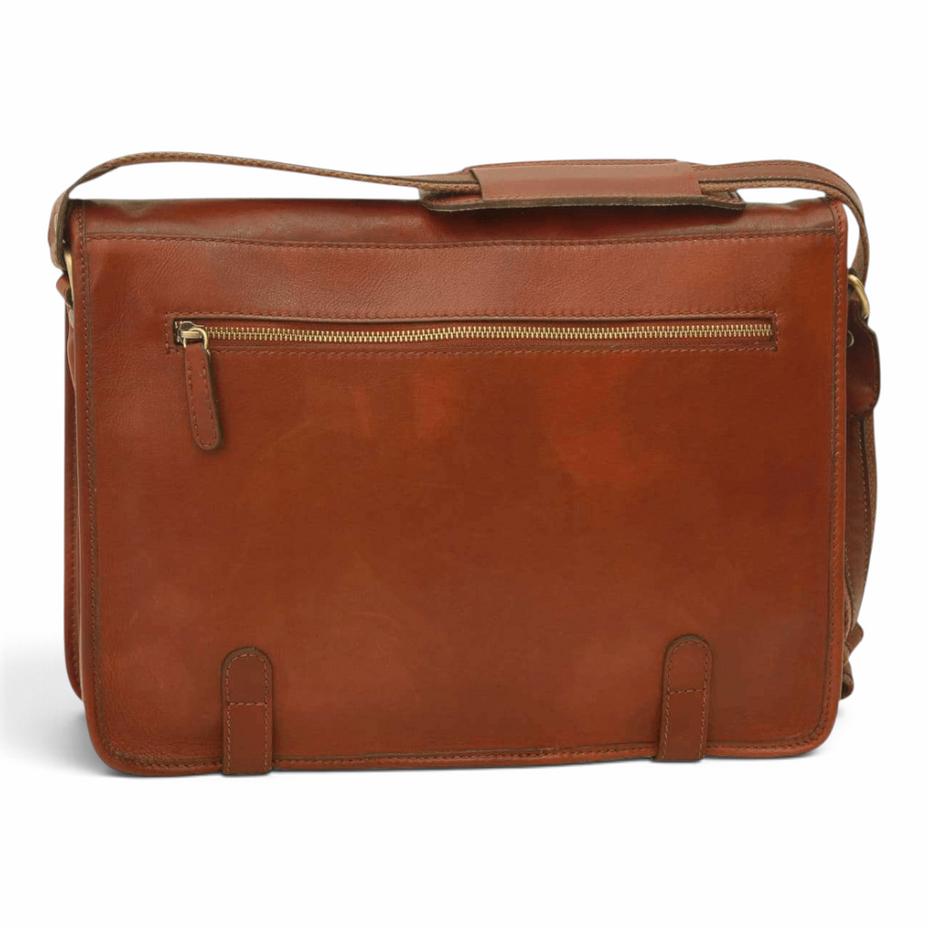 Borsa messenger Vetrina Fiorentina in vitello nappato marrone con tasca esterna con zip e tracolla regolabile
