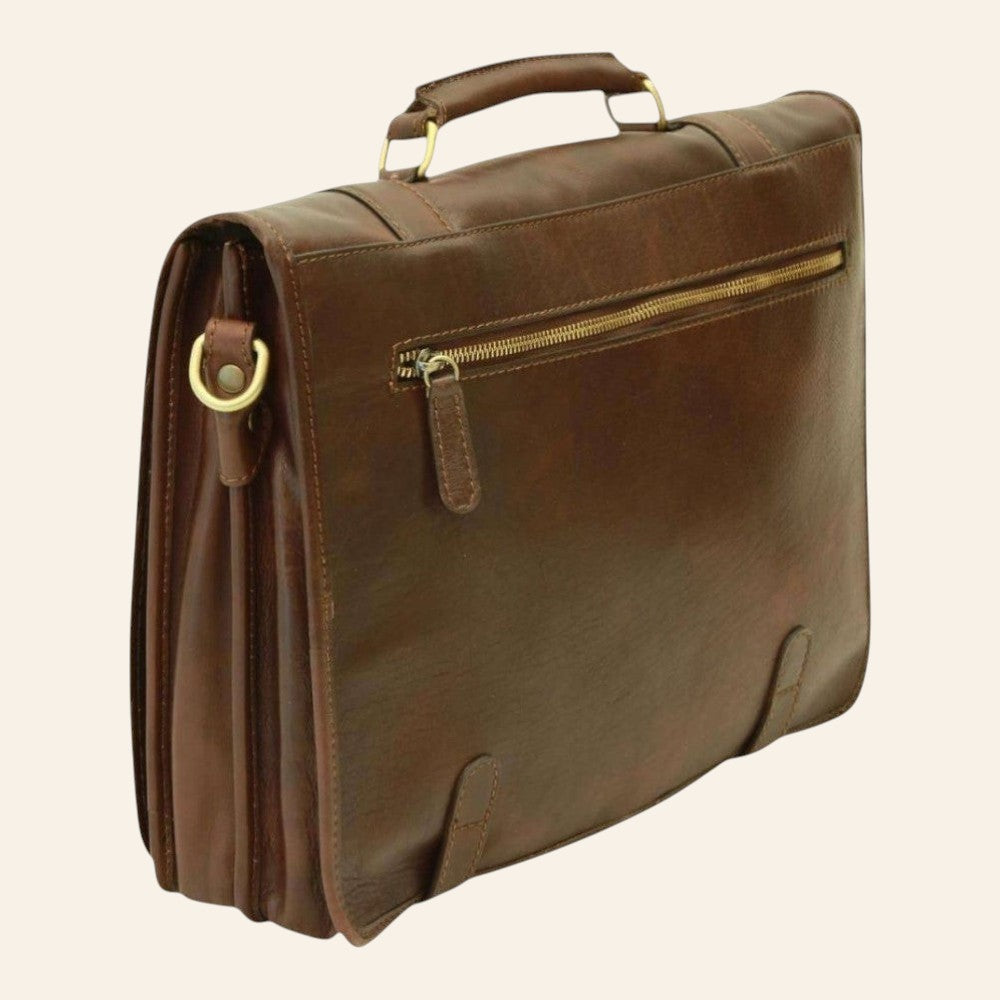 Borsa messenger Vetrina Fiorentina in pelle di vitello marrone conciata al vegetale con tasca posteriore con zip