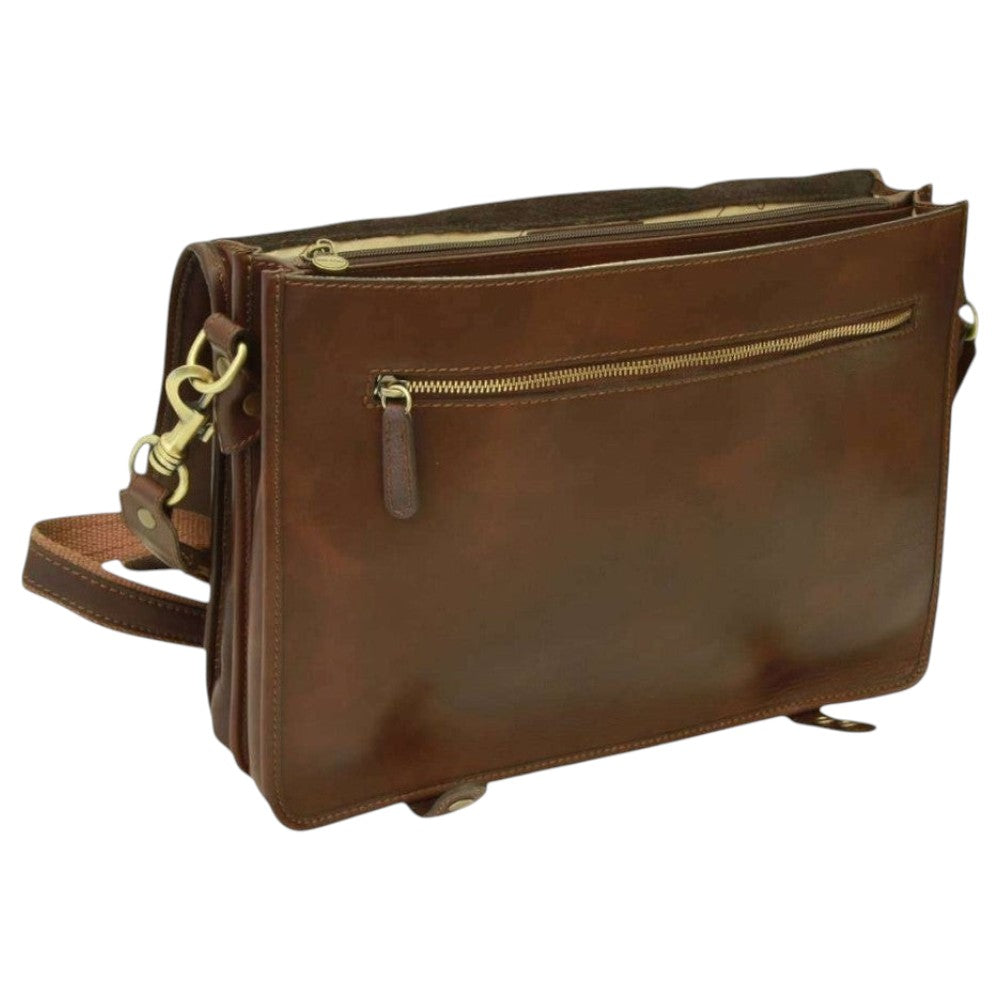 Borsa messenger Vetrina Fiorentina in pelle di vitello marrone conciata al vegetale con tasca posteriore e zip