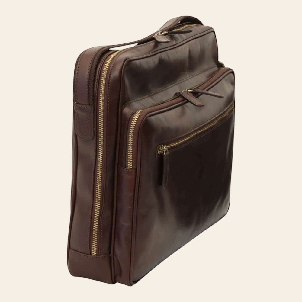 Borsa messenger grande Vetrina Fiorentina in pelle di vitello marrone scuro con chiusure a zip e tracolla regolabile