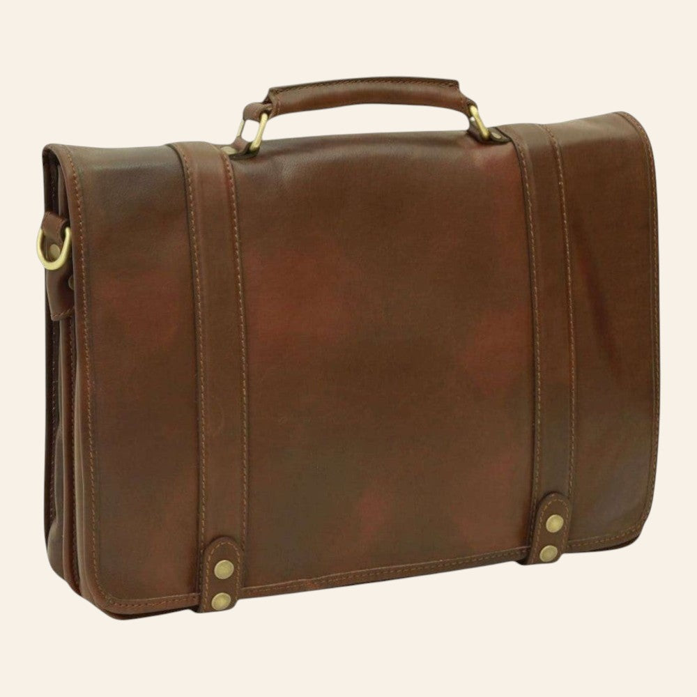 Borsa messenger Vetrina Fiorentina in pelle di vitello marrone conciata al vegetale con manico e dettagli in ottone