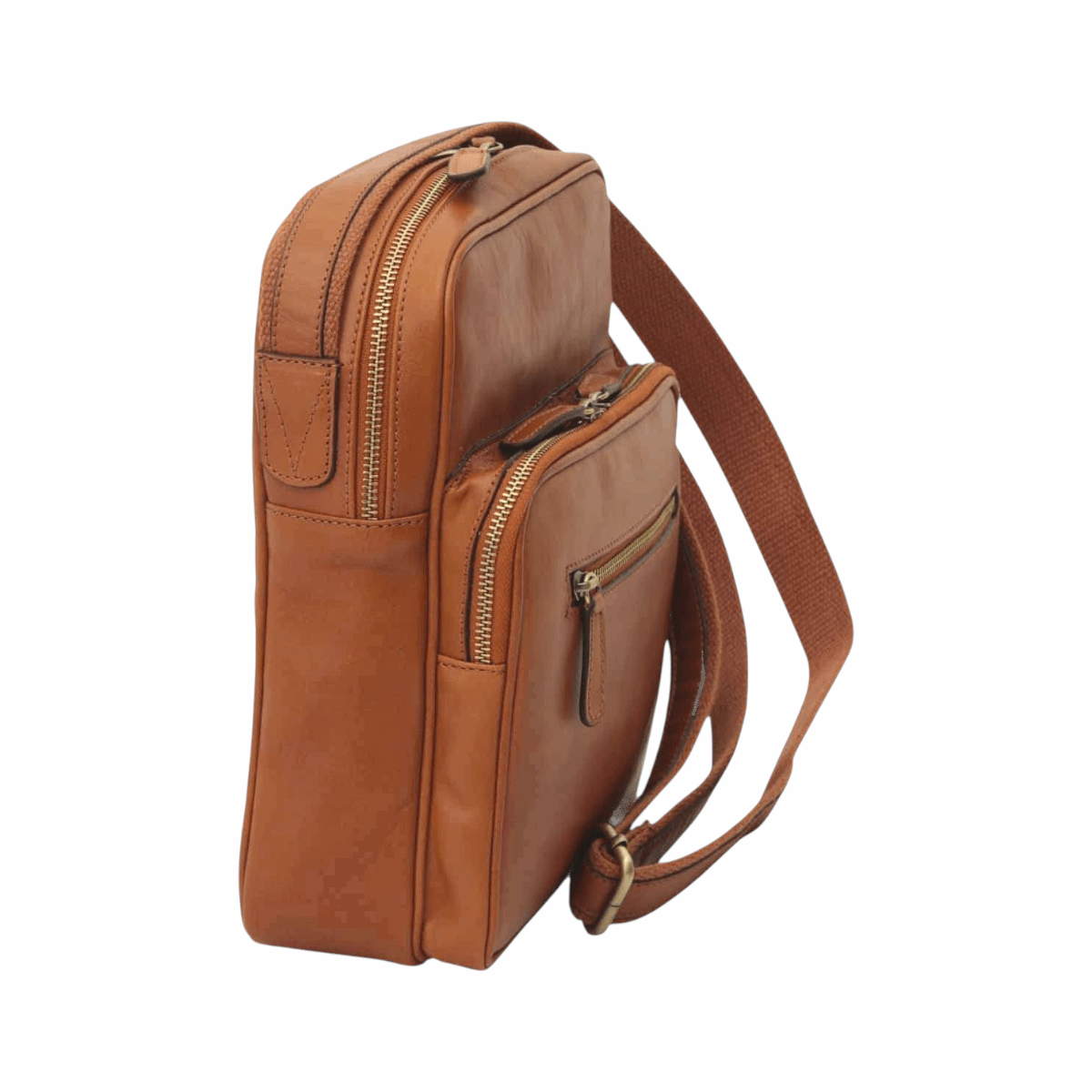 Borsa messenger Vetrina Fiorentina piccola in pelle di vitello marrone coloniale con tasca frontale e tracolla
