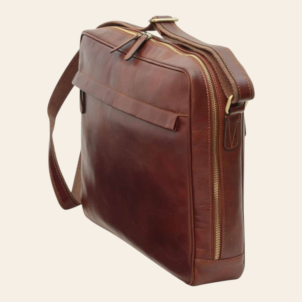 Borsa messenger Vetrina Fiorentina in pelle di vitello pieno fiore marrone con tracolla e chiusure a zip