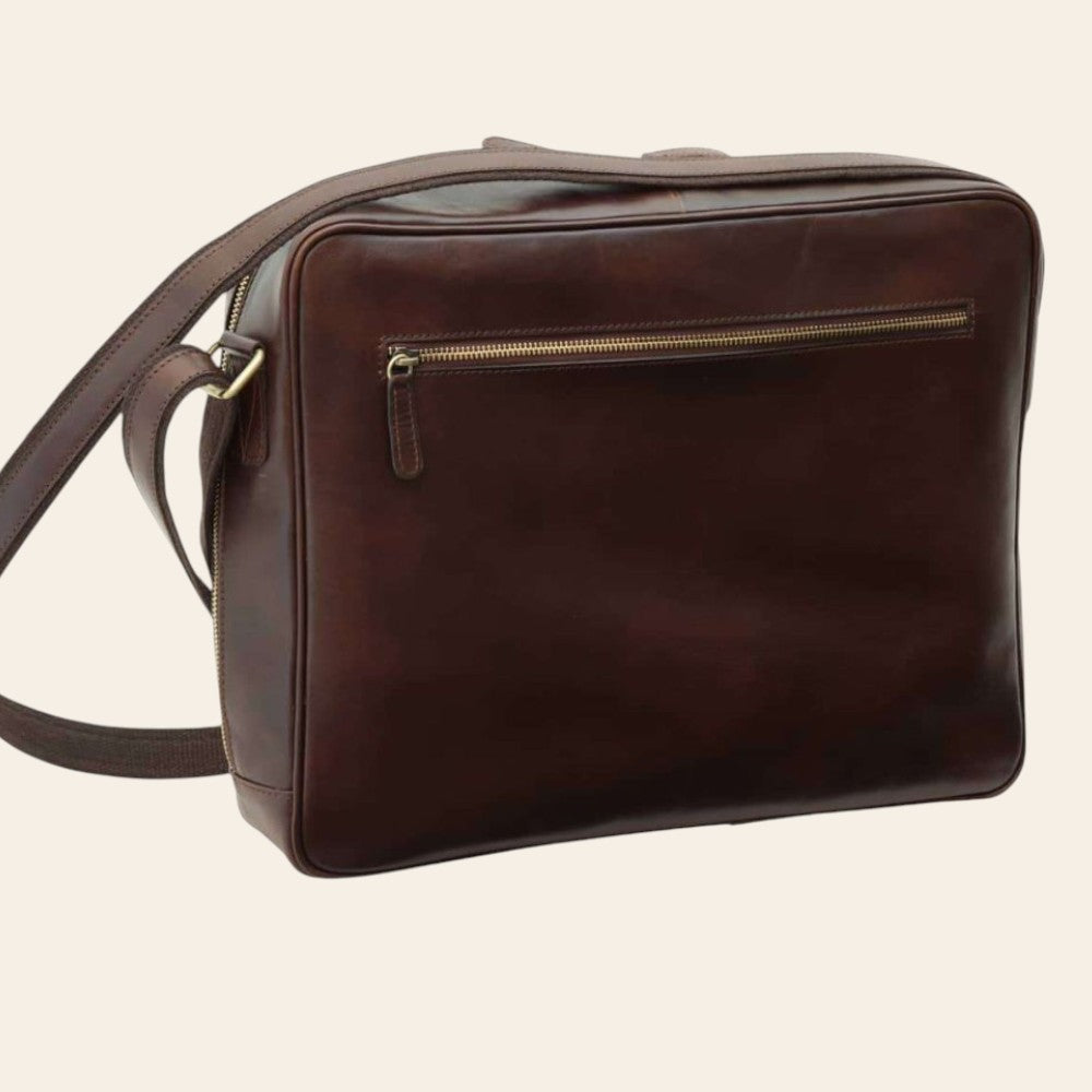 Borsa messenger Vetrina Fiorentina in pelle di vitello pieno fiore marrone scuro con tasca esterna con zip