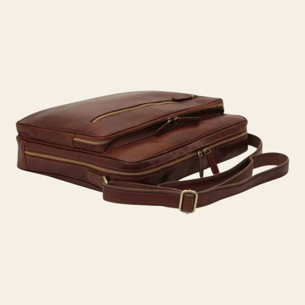 Borsa messenger grande Vetrina Fiorentina in pelle di vitello marrone con tasche esterne con zip e tracolla regolabile