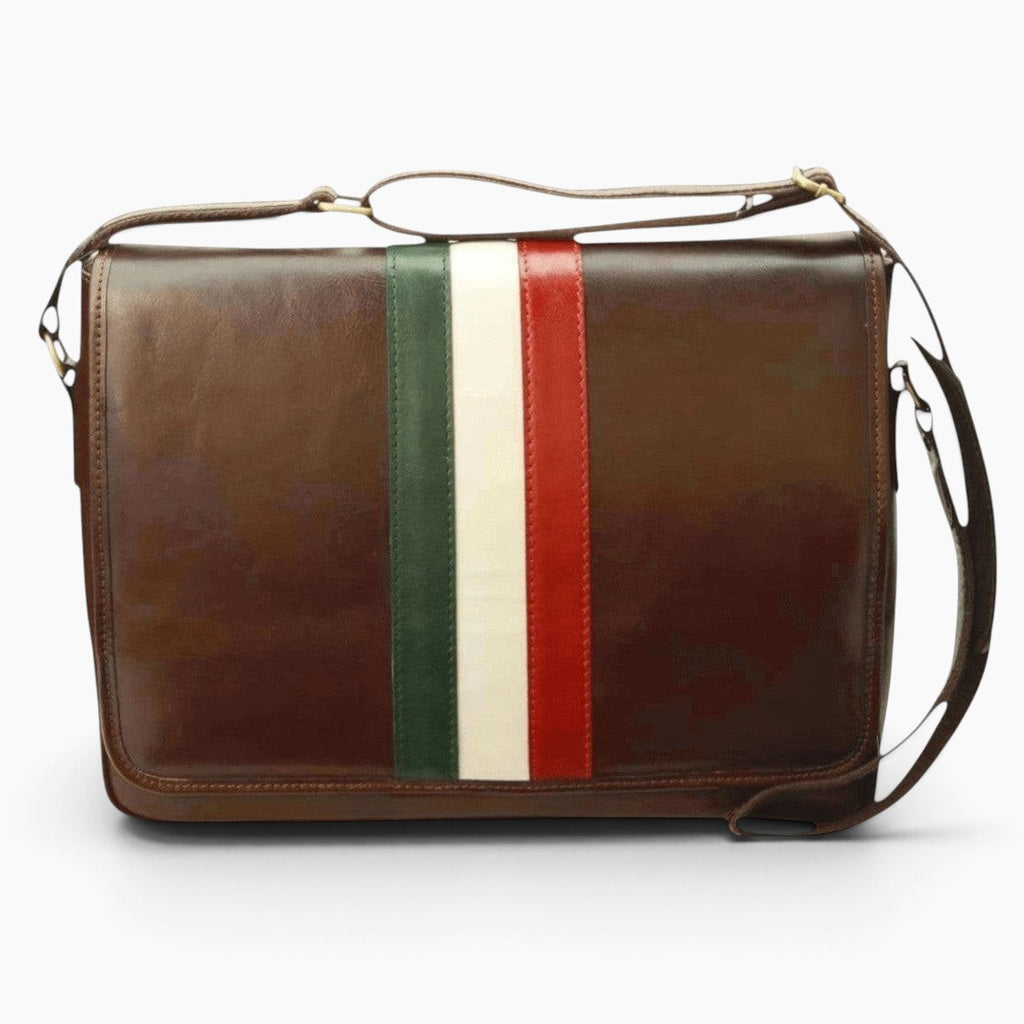 Borsa messenger Vetrina Fiorentina in pelle di vitello marrone con banda tricolore italiana e tracolla regolabile
