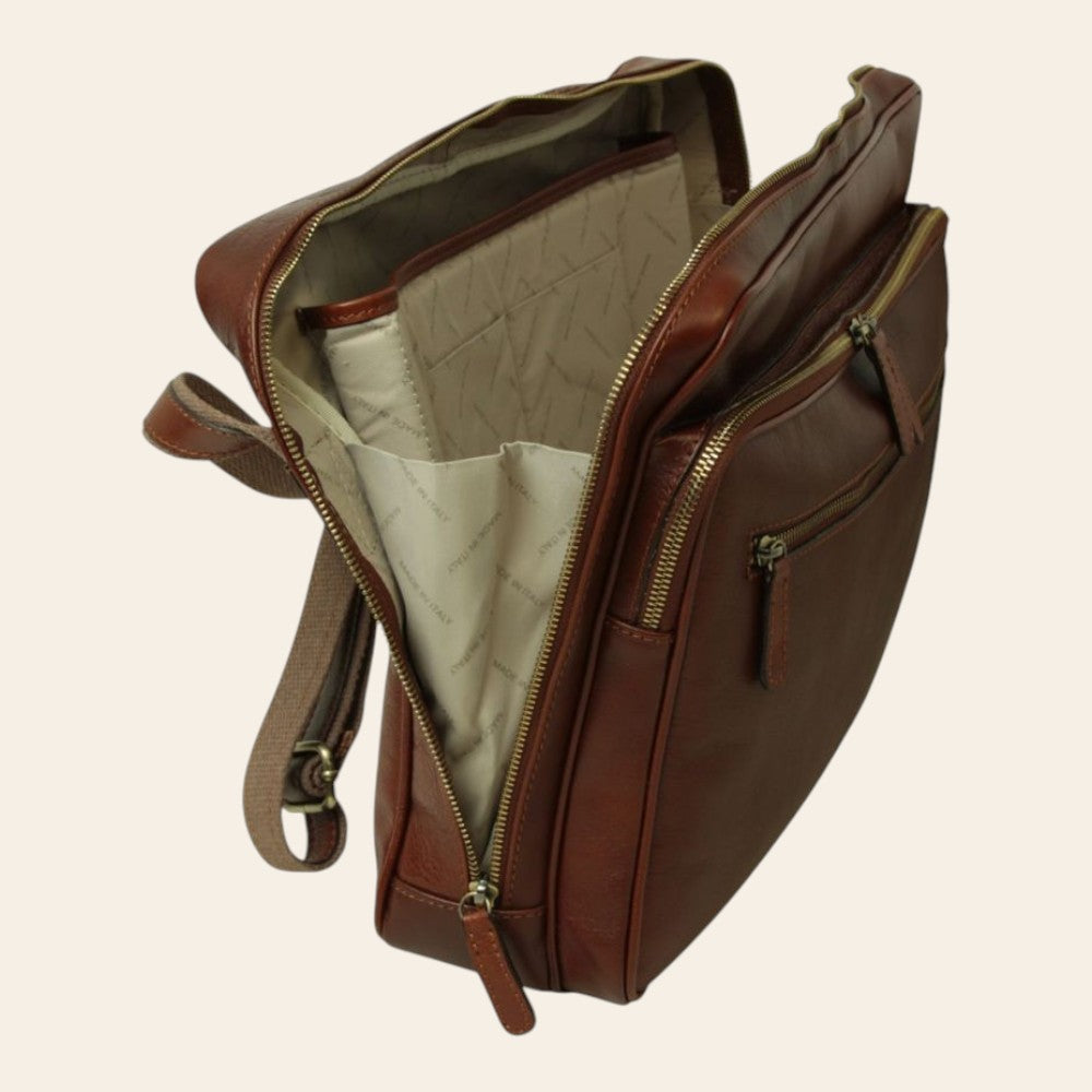 Borsa messenger grande in pelle marrone Vetrina Fiorentina con scomparto interno imbottito e tasche con zip