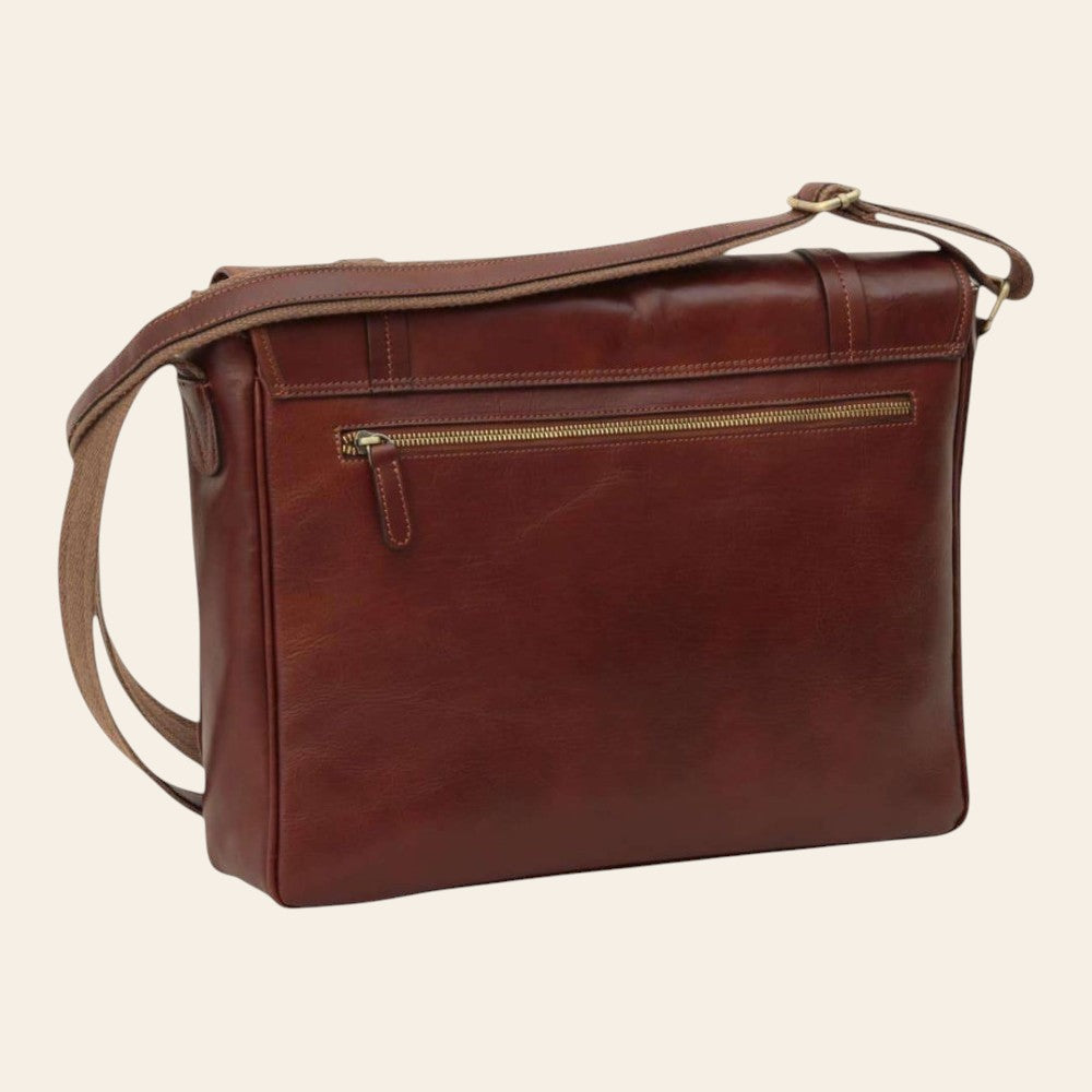 Borsa messenger Vetrina Fiorentina in pelle marrone pieno fiore con tracolla regolabile e tasca posteriore con zip