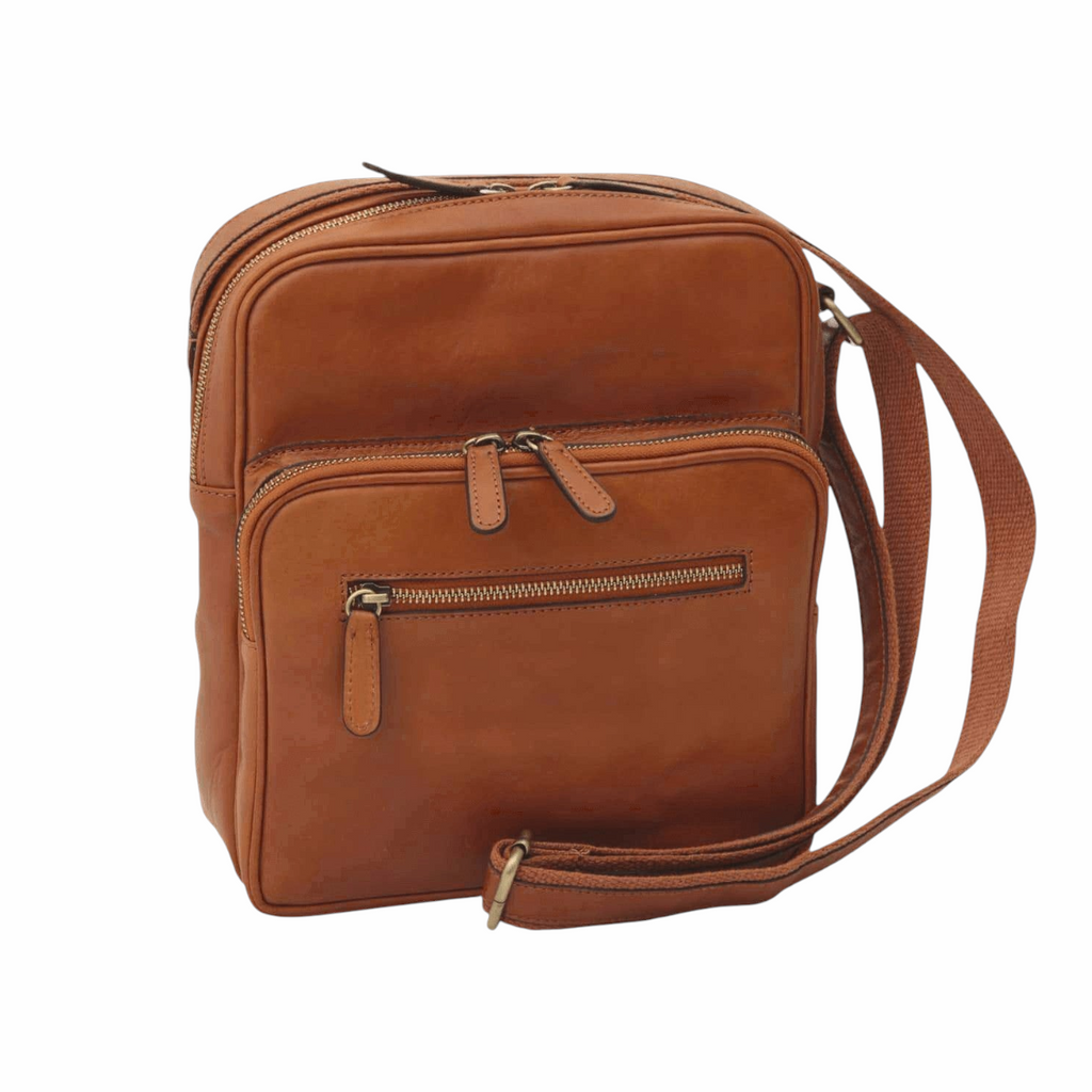 Borsa messenger Vetrina Fiorentina in pelle di vitello marrone coloniale con tasca frontale e tracolla regolabile