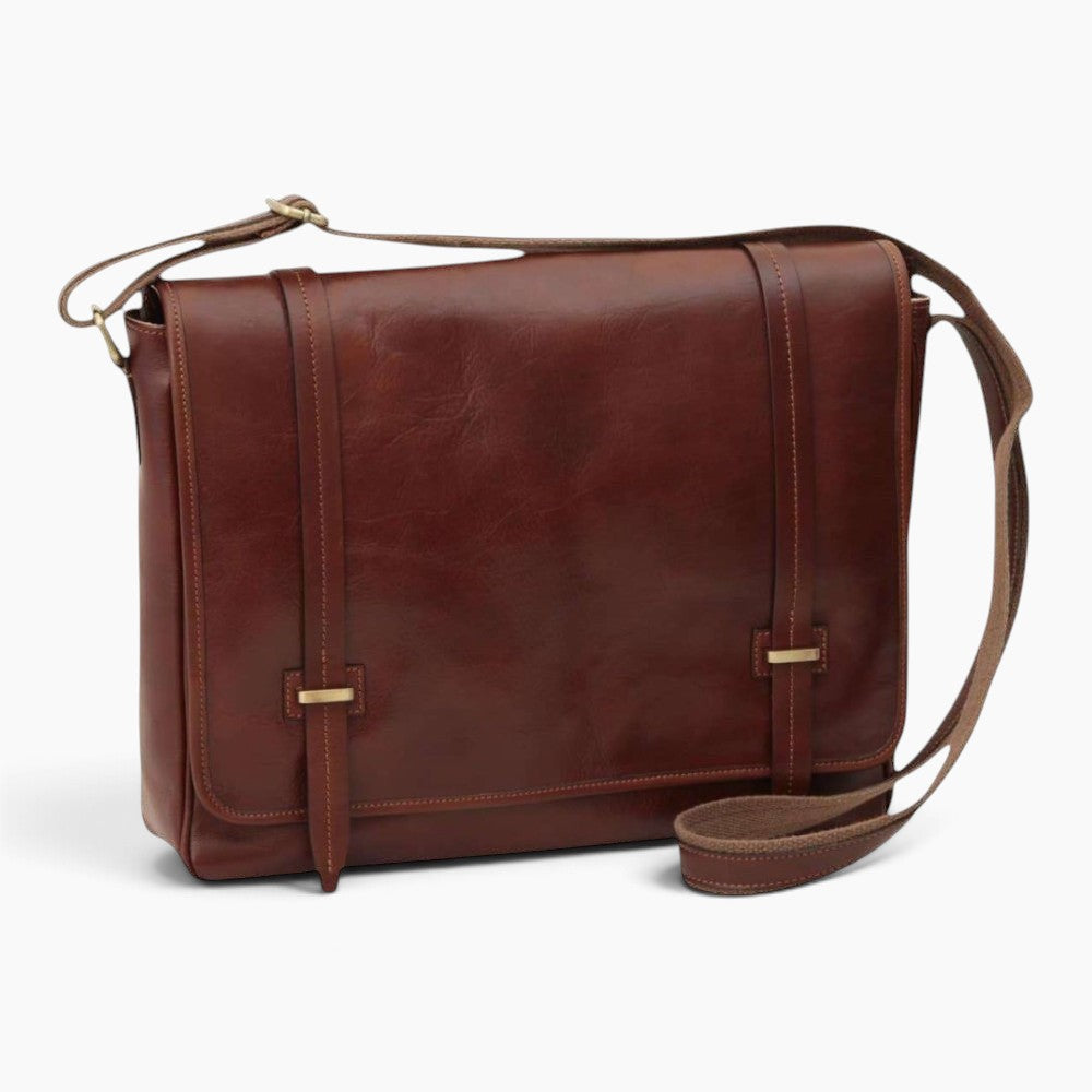 Borsa messenger Vetrina Fiorentina in pelle di vitello marrone pieno fiore con tracolla regolabile e chiusura sicura