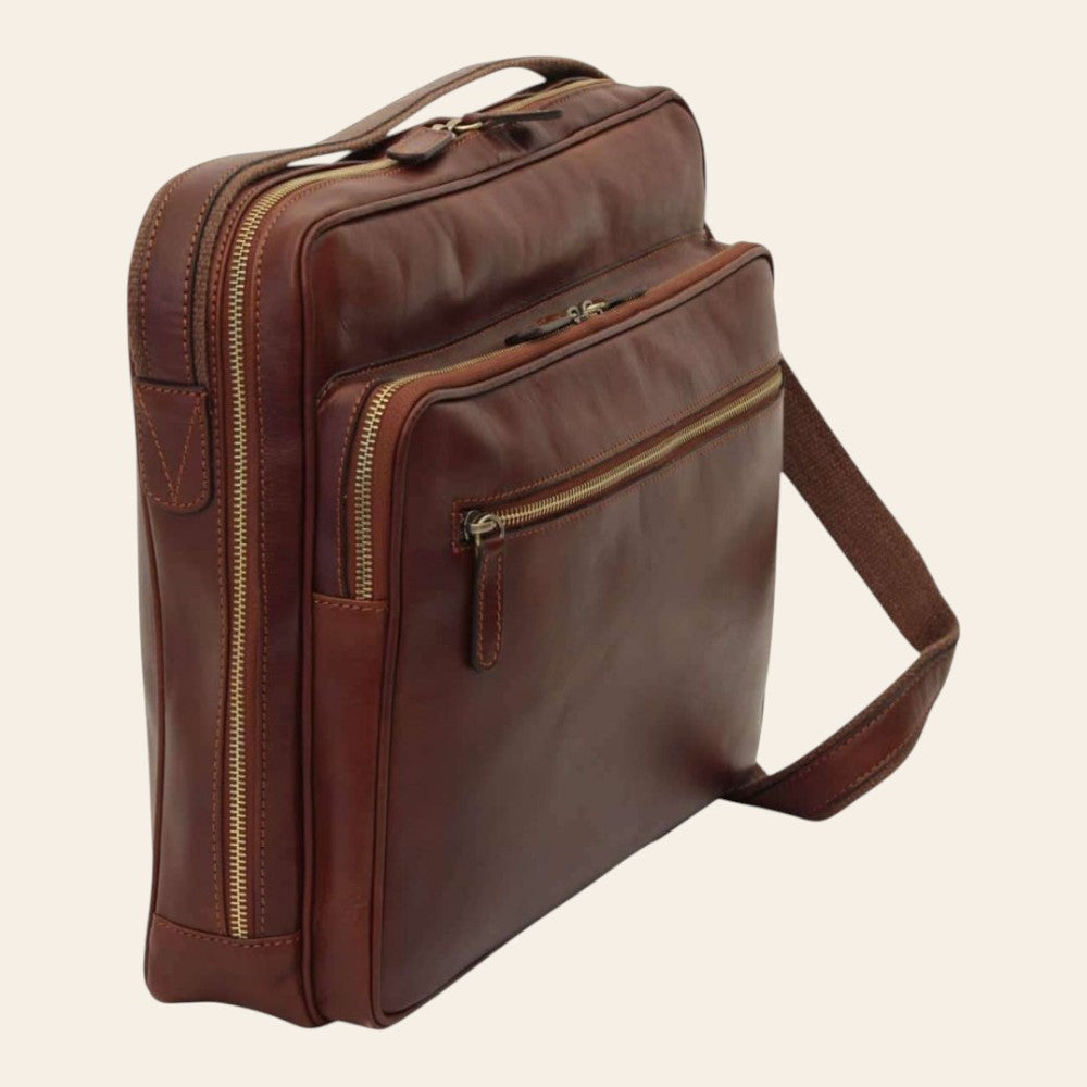 Borsa messenger Vetrina Fiorentina grande in pelle di vitello marrone con chiusure a zip e tracolla regolabile