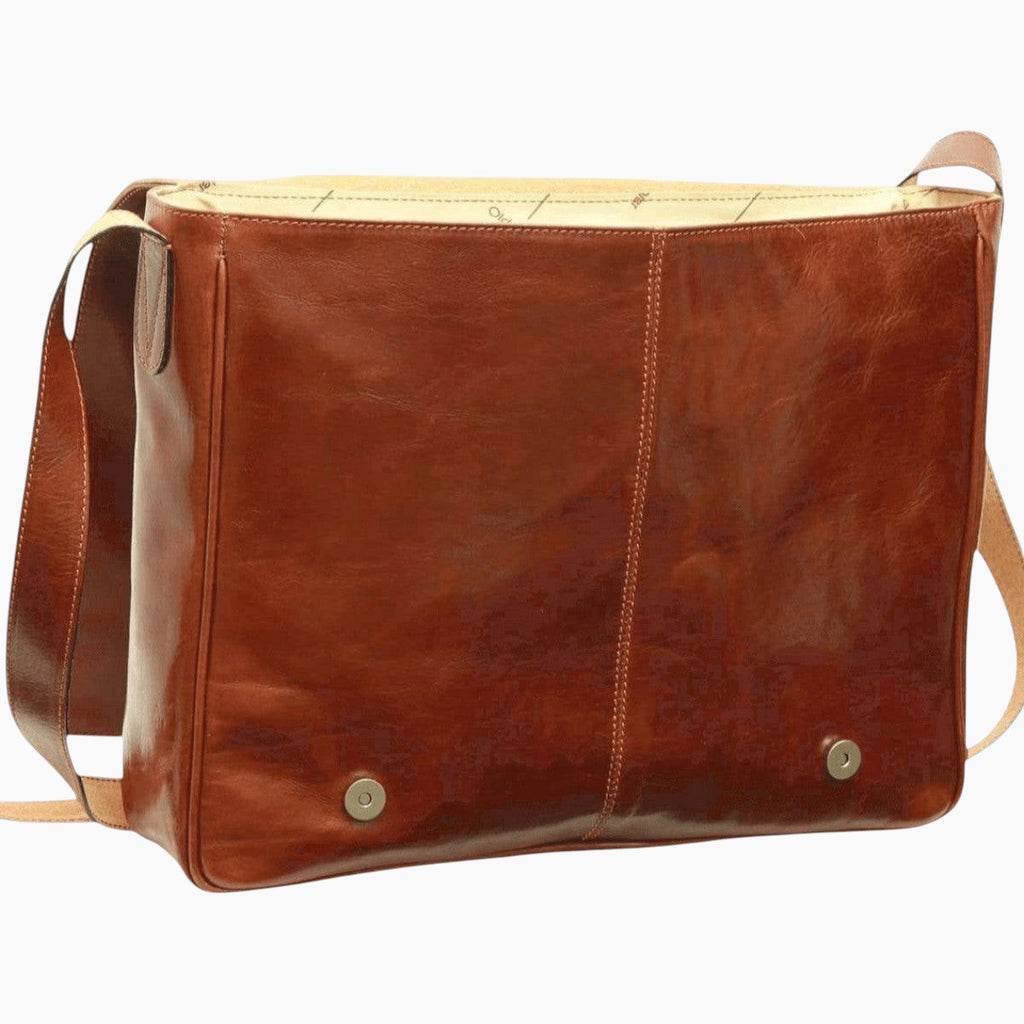 Borsa messenger Vetrina Fiorentina in pelle di vitello pieno fiore marrone con tracolla regolabile e chiusura a clip