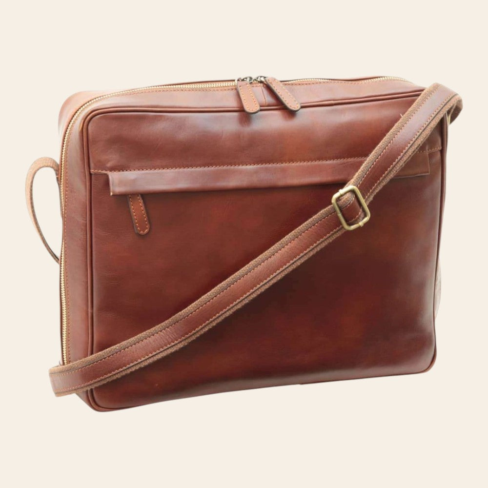 Borsa messenger Vetrina Fiorentina in pelle di vitello pieno fiore marrone con tracolla regolabile e zip