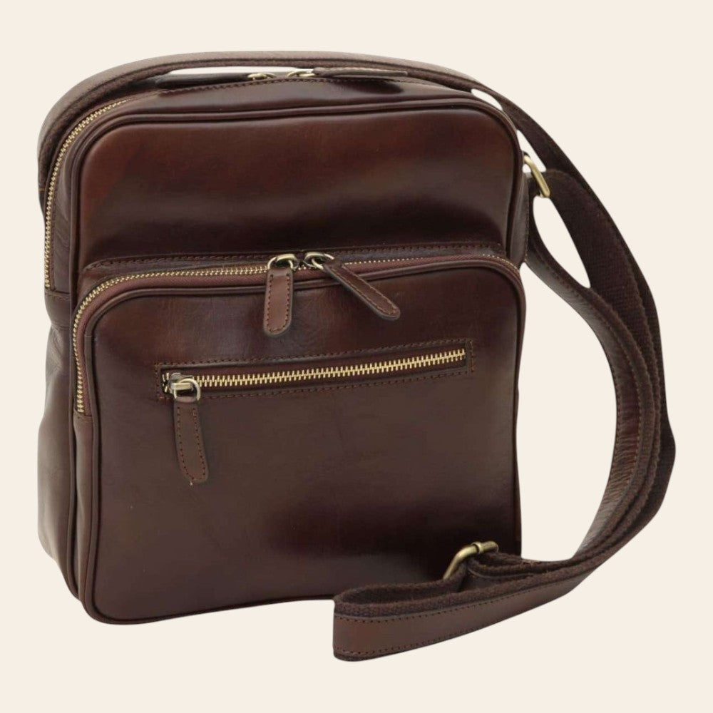Borsa messenger Vetrina Fiorentina piccola in pelle di vitello marrone scuro con chiusure a zip e tracolla regolabile