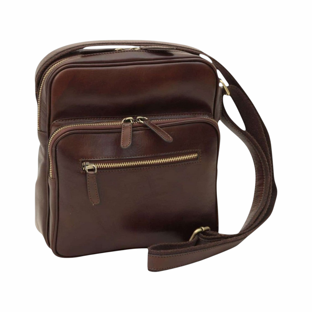Borsa messenger in pelle marrone scuro, vista frontale con due scomparti con zip e tracolla regolabile