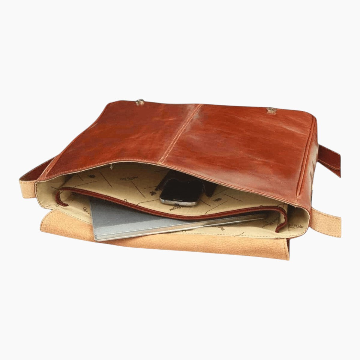 Borsa messenger Vetrina Fiorentina in pelle di vitello marrone con interno organizzato e scomparto per laptop