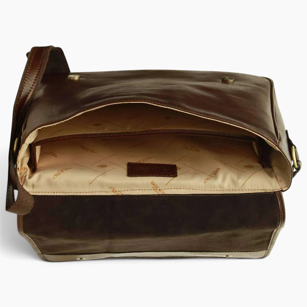 Borsa messenger Vetrina Fiorentina in pelle di vitello marrone con interno foderato e scomparto per laptop