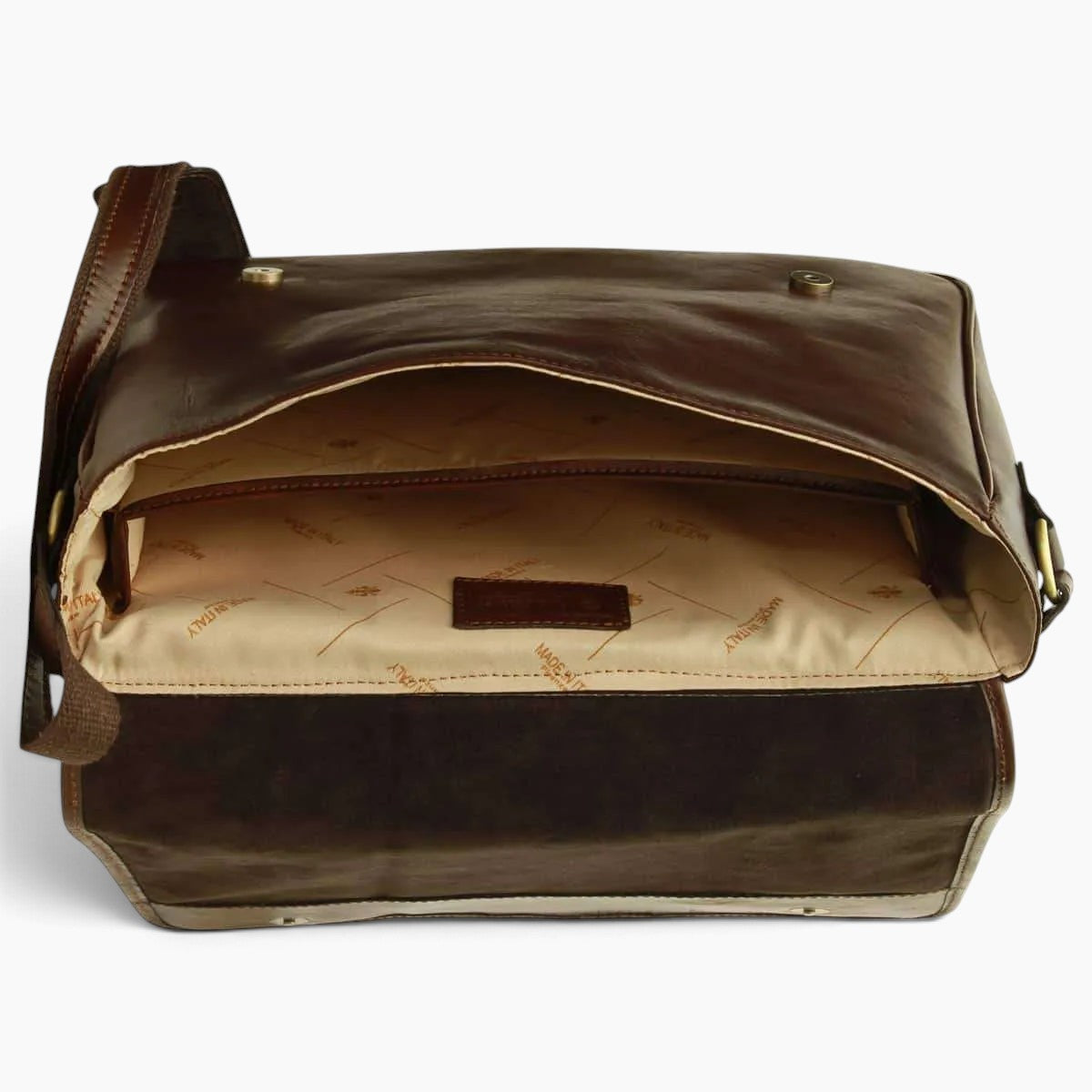 Borsa messenger Vetrina Fiorentina in pelle di vitello marrone con interno foderato e scomparto per laptop