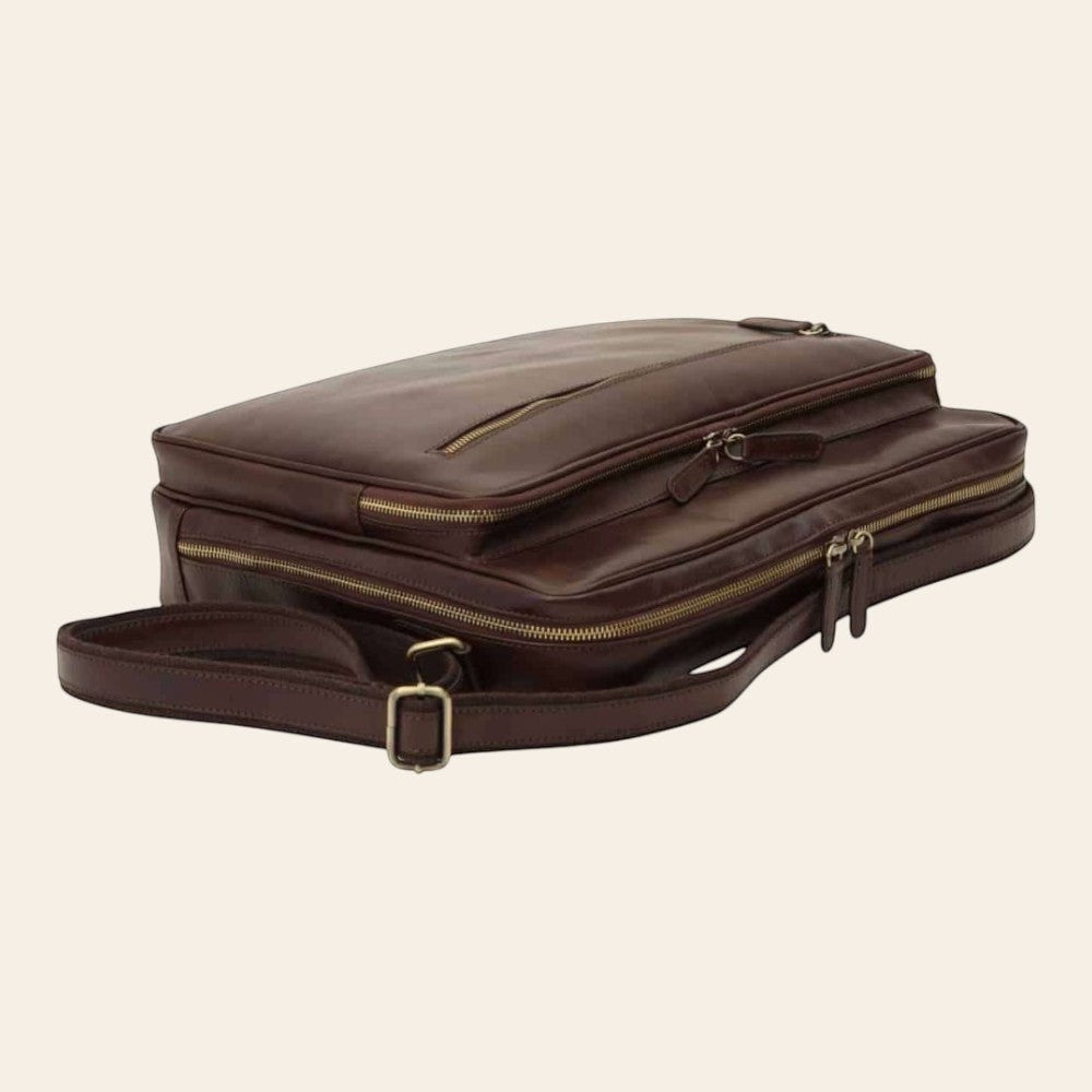 Borsa messenger Vetrina Fiorentina grande in pelle marrone scuro con zip, tracolla regolabile e design artigianale.