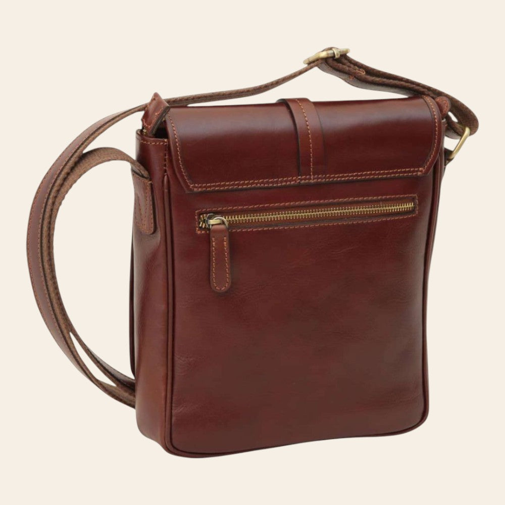 Borsa messenger Vetrina Fiorentina in pelle marrone pieno fiore con tracolla regolabile e tasca posteriore con zip