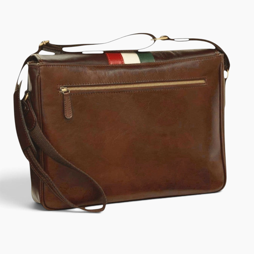 Borsa messenger Vetrina Fiorentina in pelle di vitello marrone con tasca posteriore e dettaglio tricolore