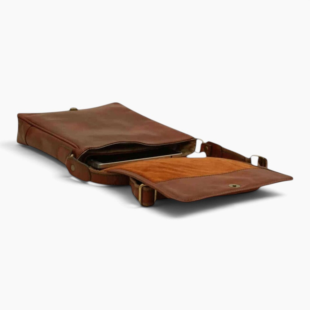 Borsa messenger Vetrina Fiorentina in pelle di vitello color mogano con scomparto interno per tablet
