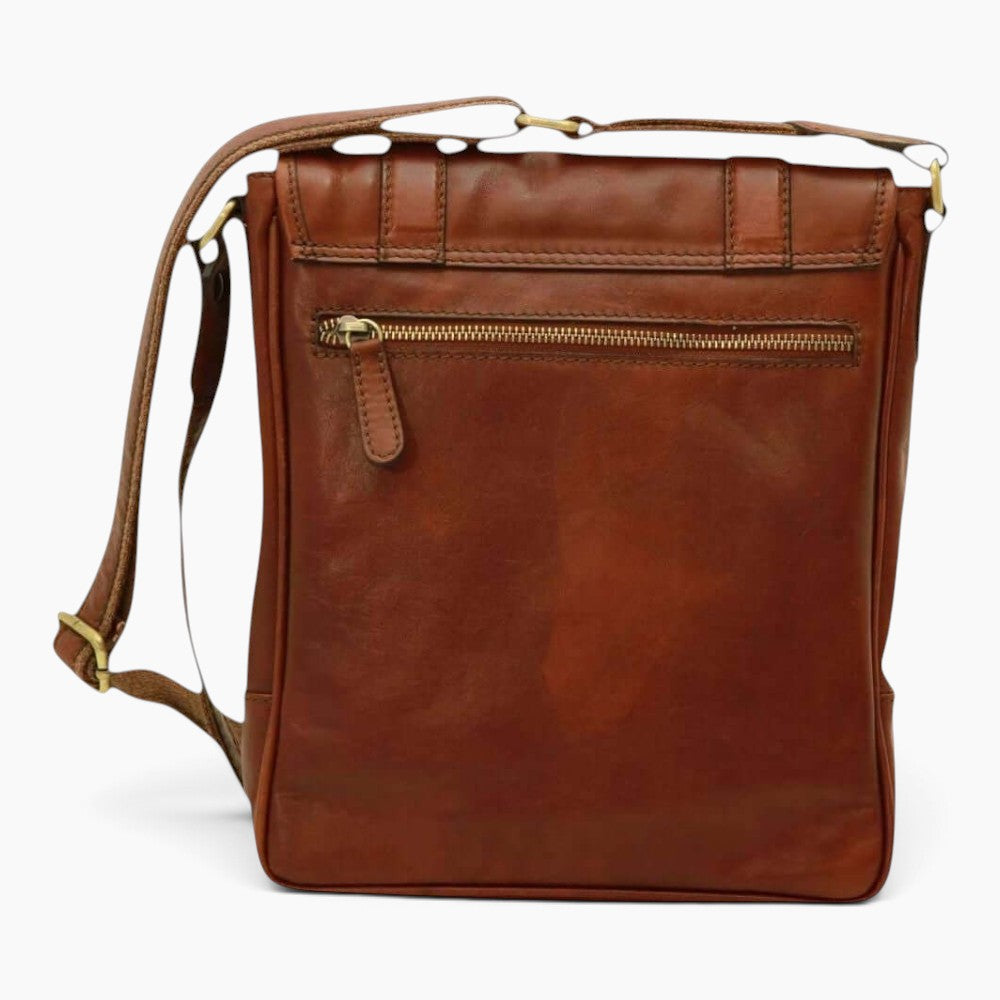 Borsa messenger Vetrina Fiorentina in pelle di vitello color mogano con tasca posteriore a zip e tracolla regolabile