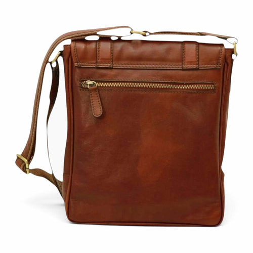 Borsa messenger Vetrina Fiorentina in pelle di vitello color mogano con tasca posteriore a zip e tracolla regolabile