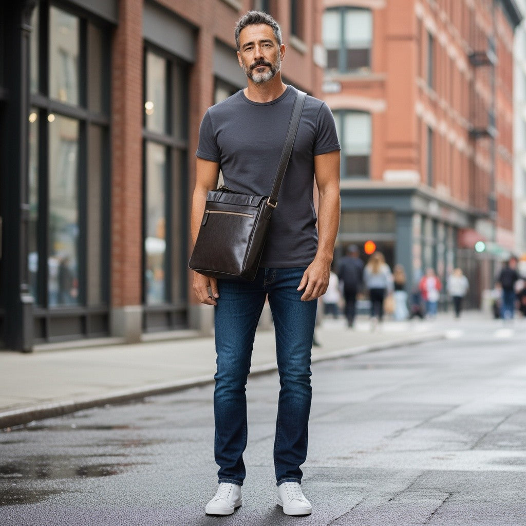 Borsa messenger in pelle di vitello nera con tracolla a tracolla indossata