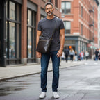 Borsa messenger in pelle di vitello nera con tracolla a tracolla indossata