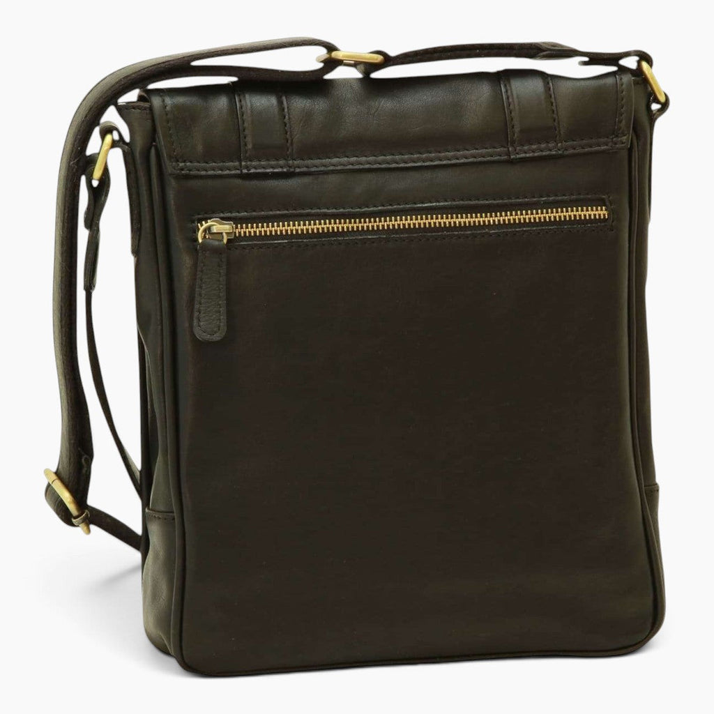 Borsa messenger Vetrina Fiorentina in pelle di vitello pieno fiore nera con zip in ottone e tracolla regolabile