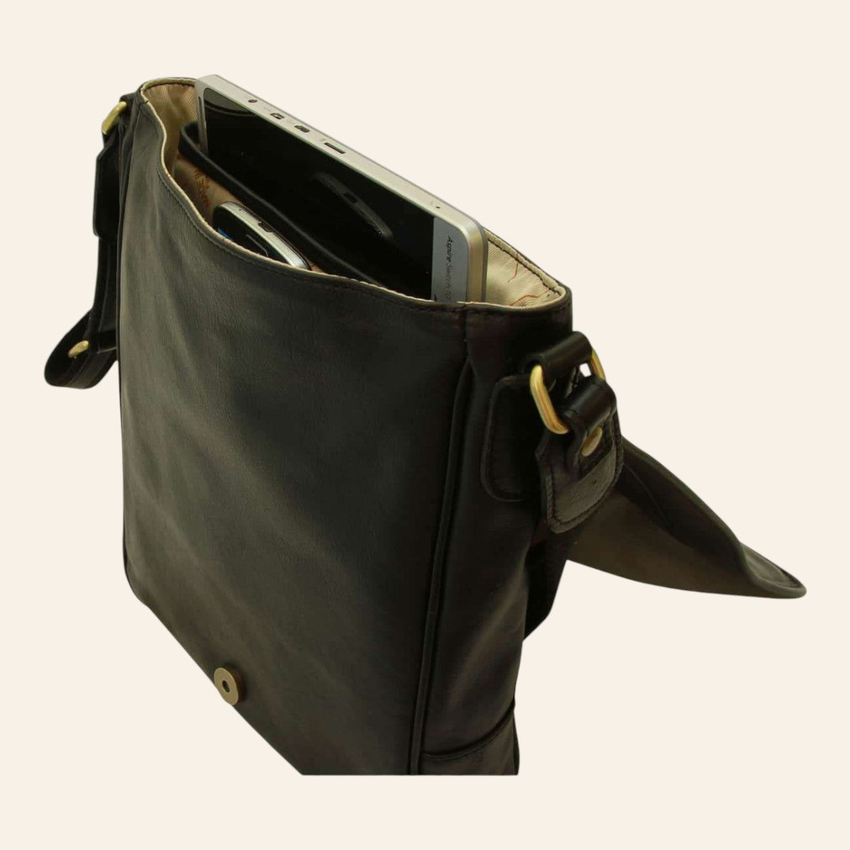 Borsa messenger Vetrina Fiorentina in pelle di vitello pieno fiore nera con scomparto interno per tablet