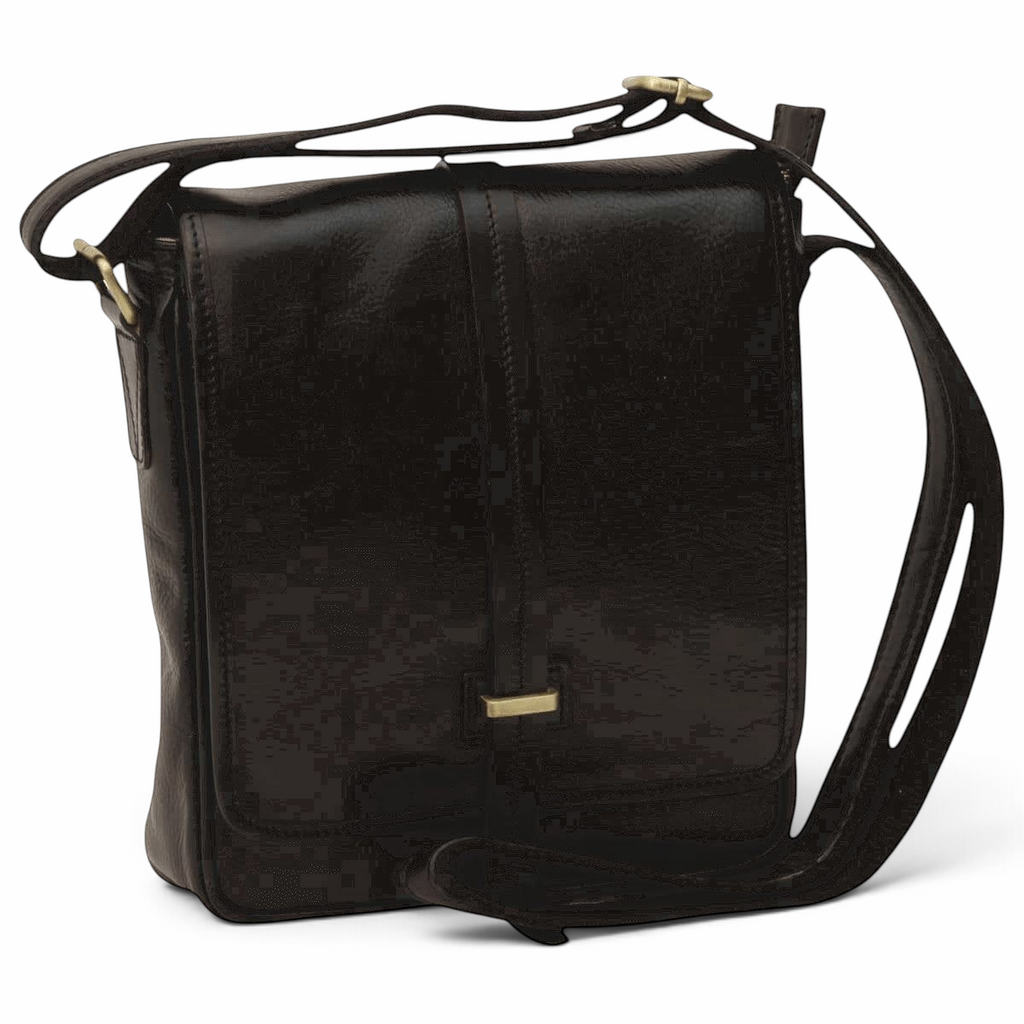 Borsa messenger Vetrina Fiorentina compatta in pelle di vitello nera con tracolla regolabile e chiusura a pattina