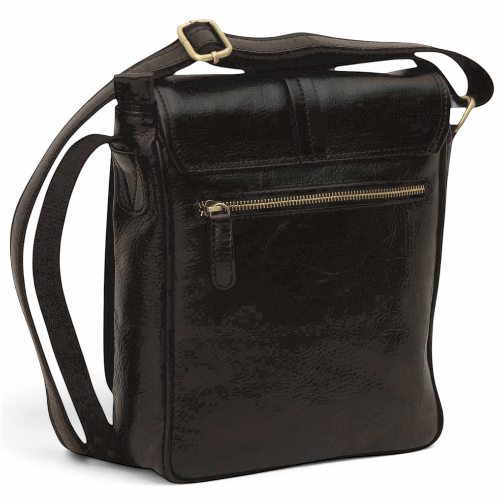 Borsa messenger Vetrina Fiorentina compatta in pelle di vitello nera con tracolla regolabile e tasca esterna con zip